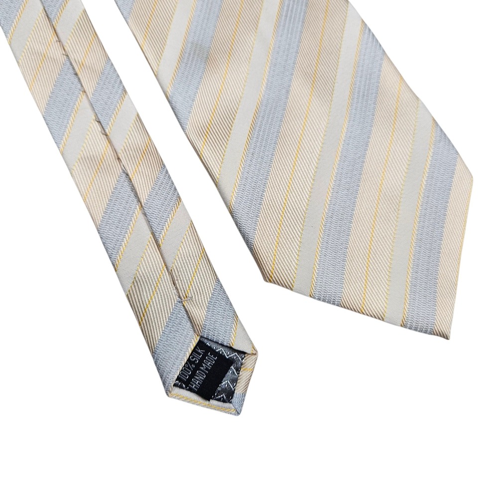 Hermes Paris 100% Silk Hand Made Striped Necktie Men's Luxury‎ Blue Tan Cream